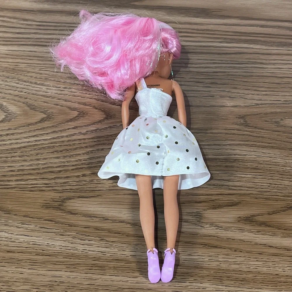 Unicorn Fashion Doll Pink‎ Hair Rainbow Dress Gold Polka Dots ZR-06